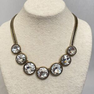 💎Loft Bib Necklace Clear Coin Shape Beads Thick Braided Antiqued Tone Chain